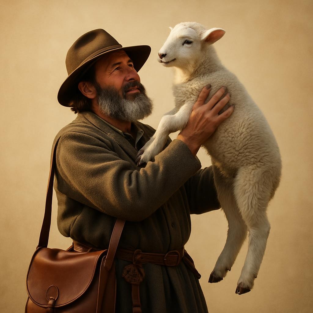 Shepherd lifting a lamb in a mountainous grassy field with other sheep grazing