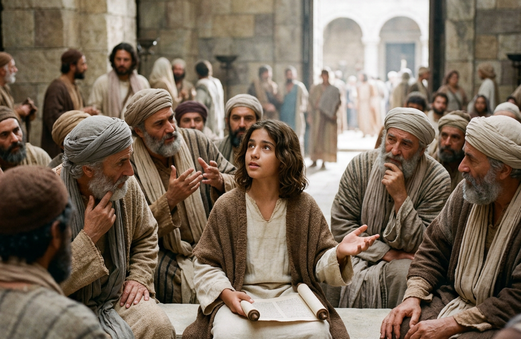 Young person holding a scroll speaking to attentive elders in ancient stone courtyard