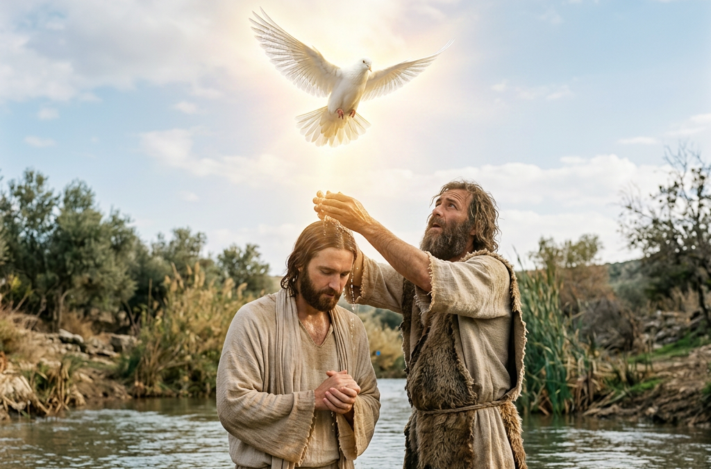 Man baptizing another man in a river with a white dove glowing above