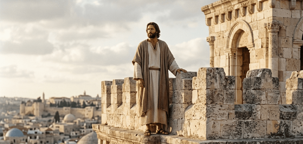 Jesus wearing ancient robes, standing on stone battlements of an old fortress overlooking a historic city