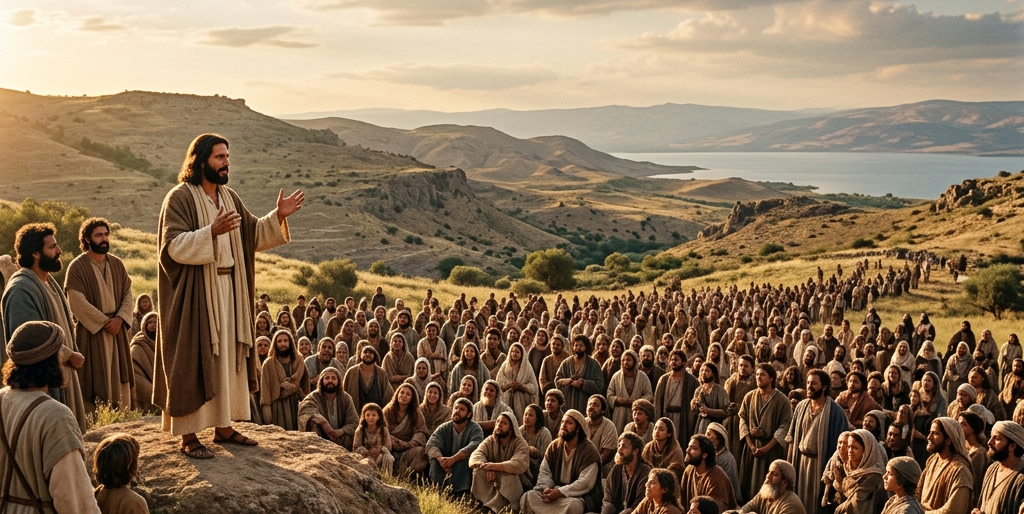 Jesus teaching a large gathering of people on a hillside near a body of water