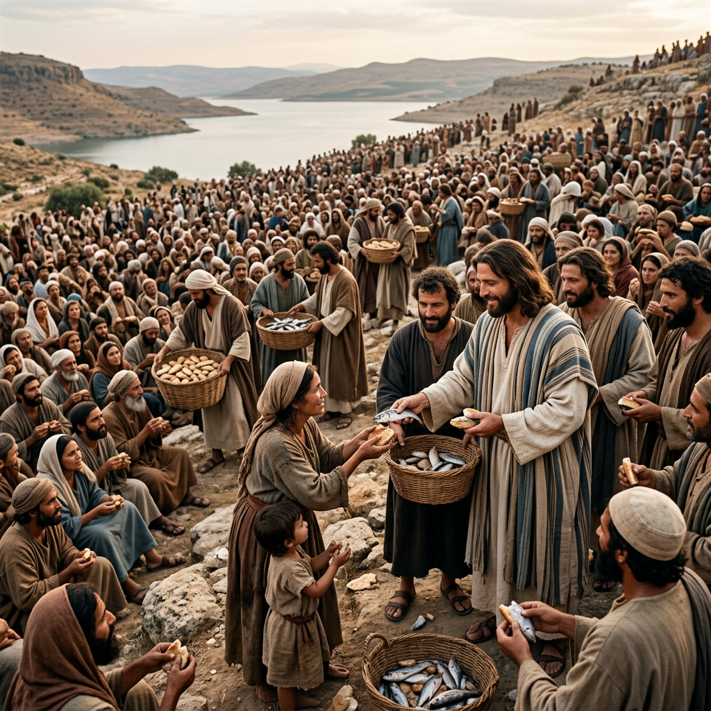 A man handing bread and fish to a crowd of people by a lake